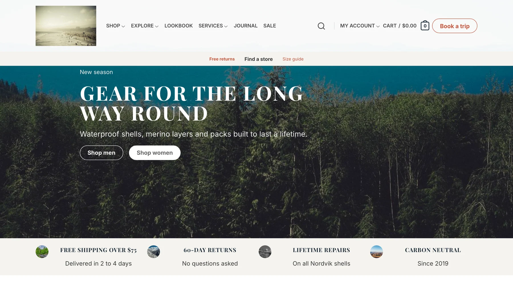 The converted Home page of the Nordvik Outfitters store previewed with the Flatsome block theme, converted header, and global styles