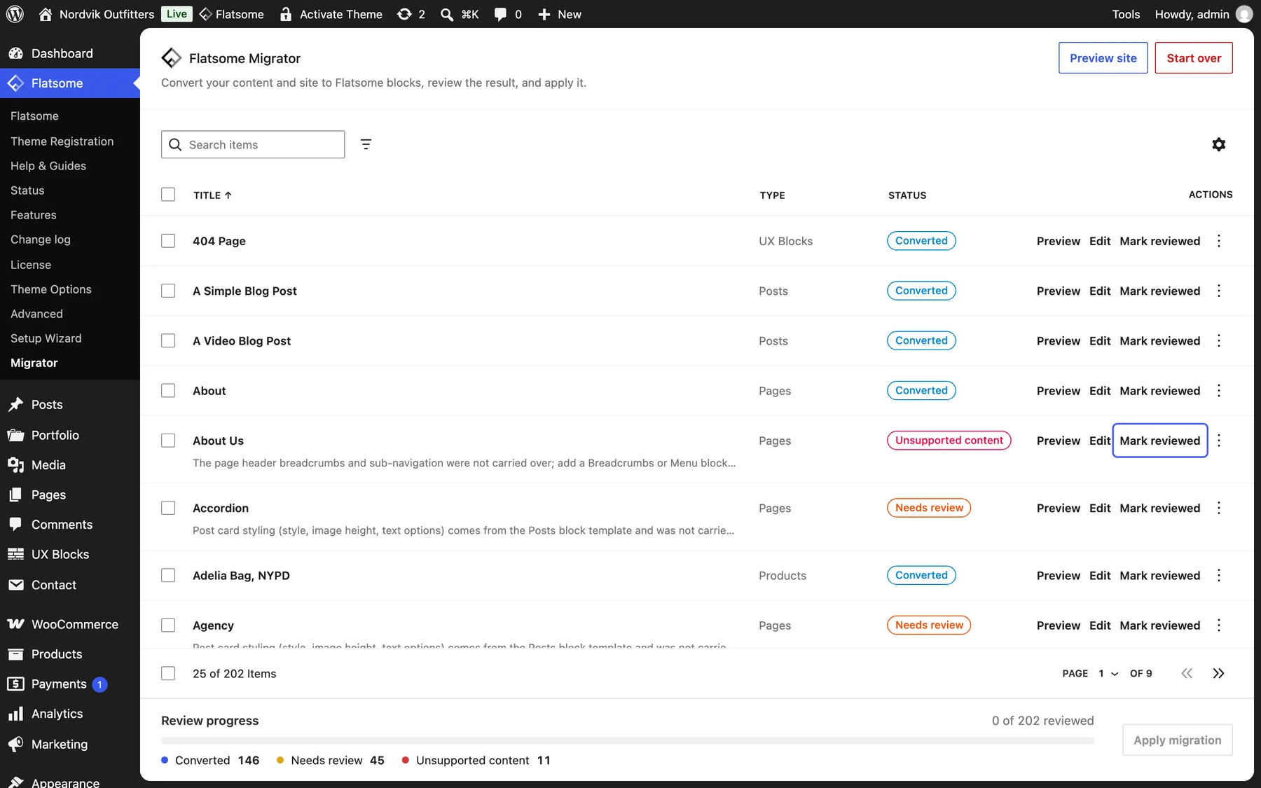 The migrator review list with Converted, Unsupported content, and Needs review badges, per-item Preview, Edit, and Mark reviewed actions, and the review progress bar, with Mark reviewed highlighted on the About Us page