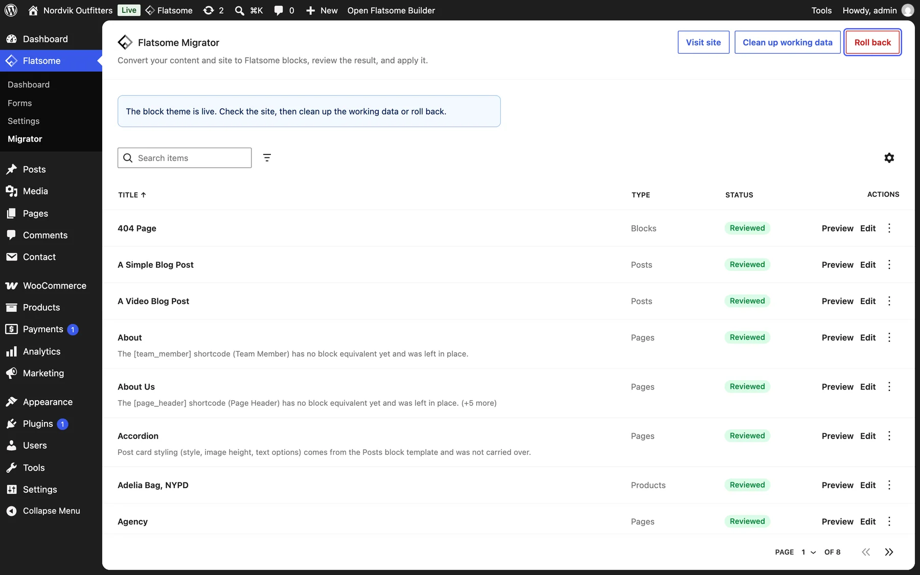 The Flatsome Migrator after applying, with the Visit site, Clean up working data, and Roll back buttons and a notice that the block theme is live, with Roll back highlighted