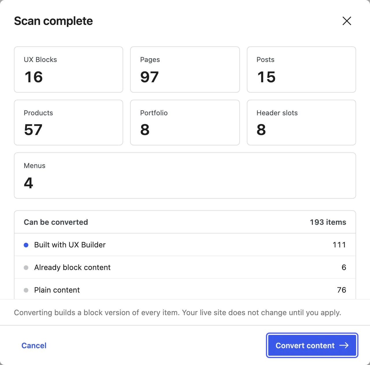The Scan complete dialog listing UX Blocks, pages, posts, products, portfolio items, header slots, and menus, with the Convert content button highlighted