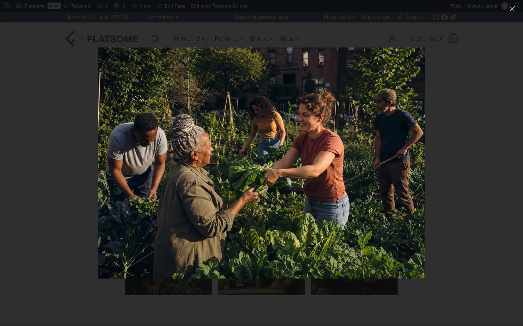 A gallery photo enlarged in the lightbox overlay on the live page, with a close button in the top corner