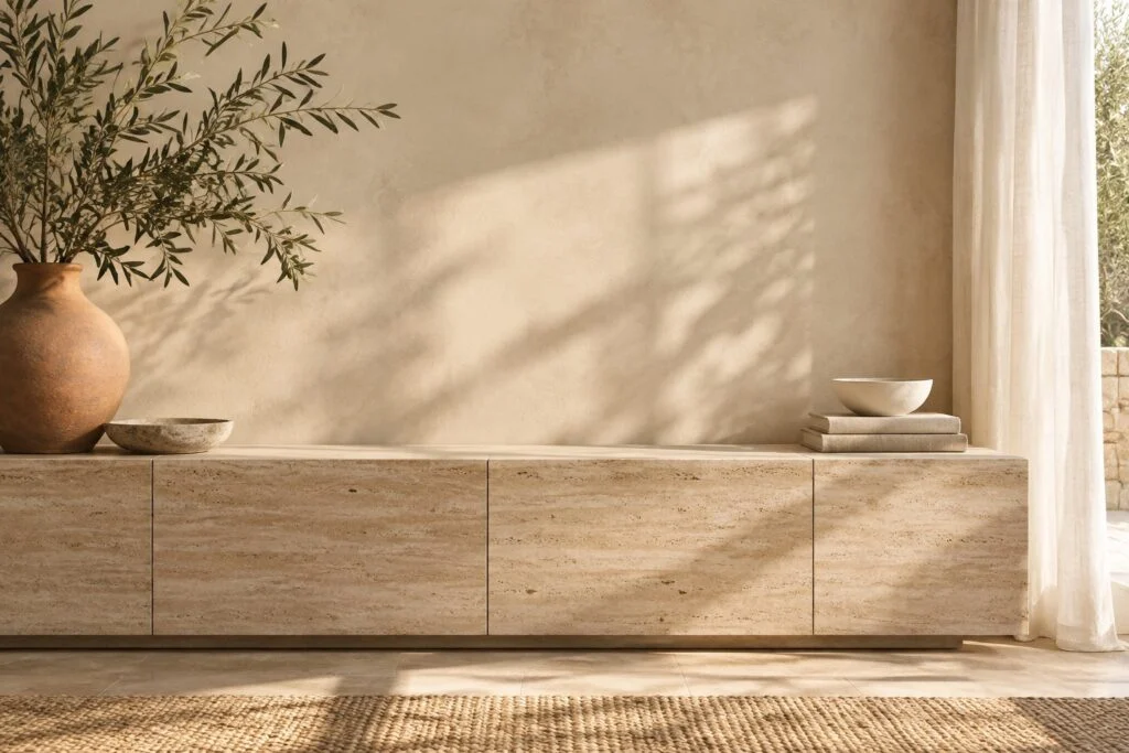 A travertine console, olive branches and ceramics in warm natural light.
