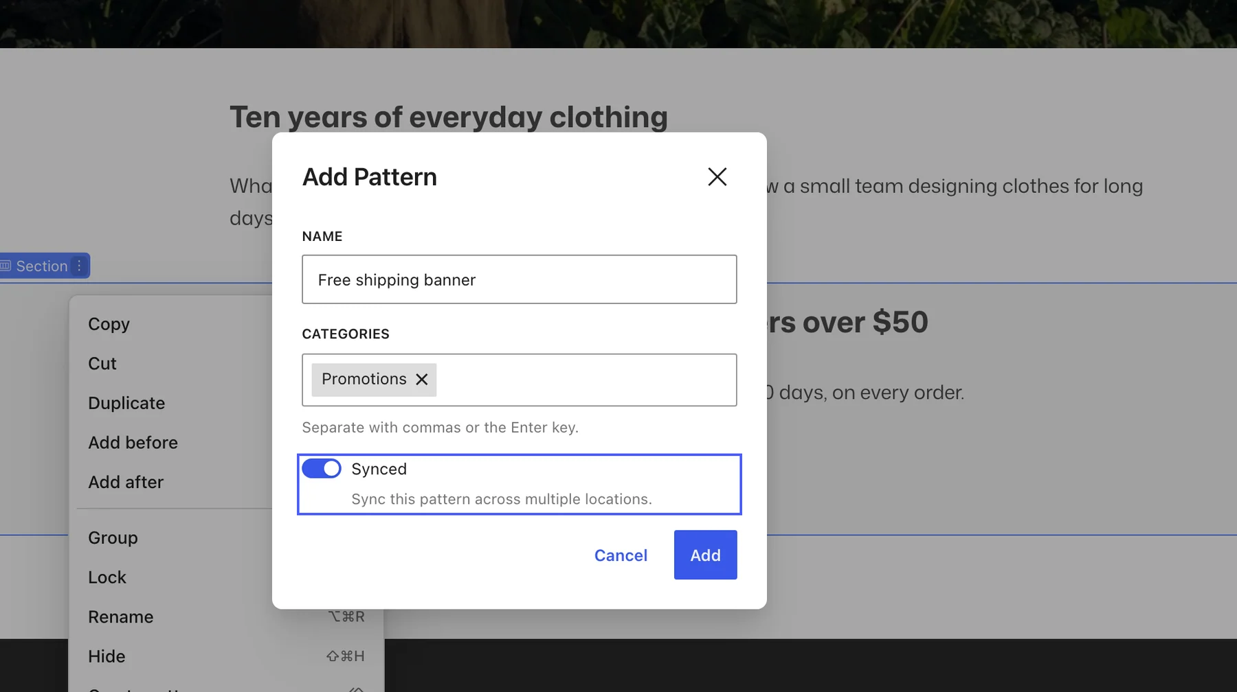 The Add Pattern dialog with the name Free shipping banner, the category Promotions, and the Synced switch highlighted