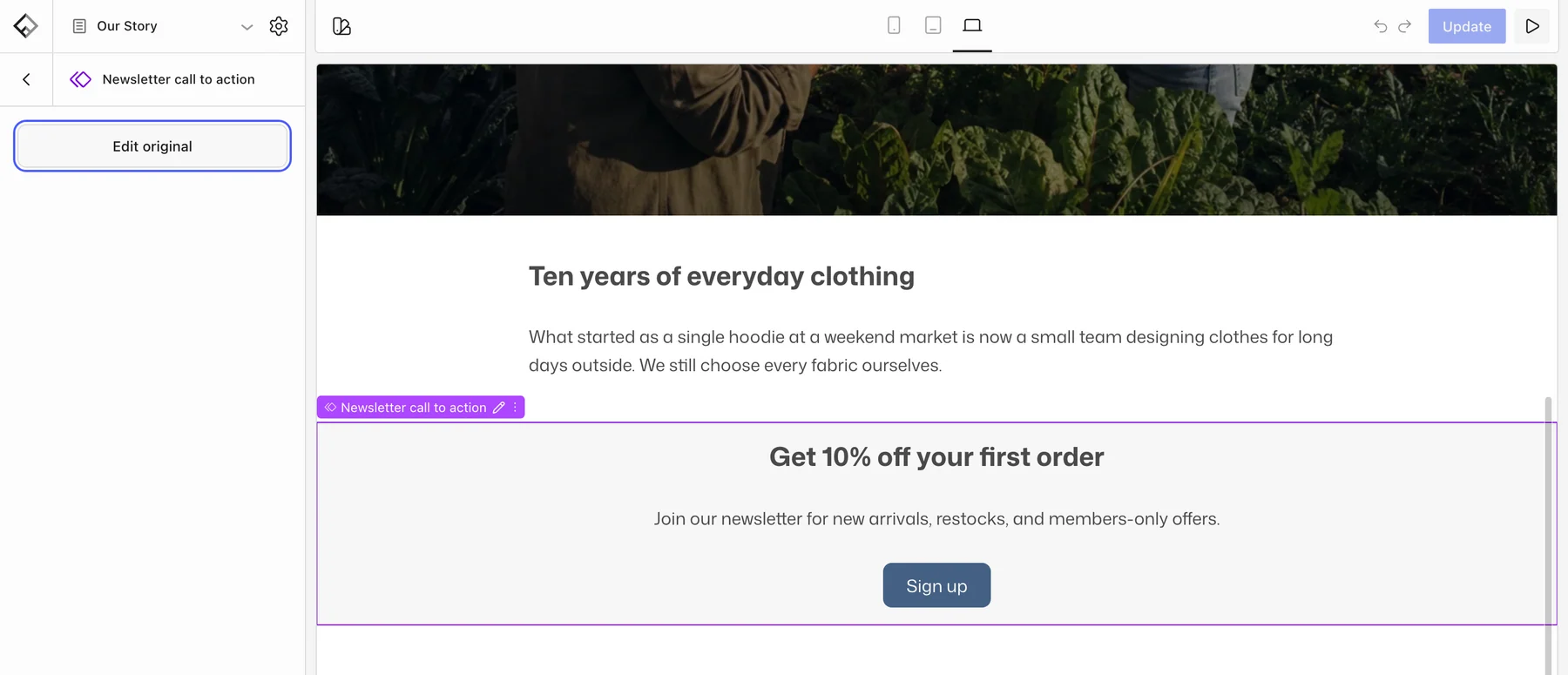 A synced pattern selected on a page, outlined in purple, with the Edit original button highlighted in the sidebar