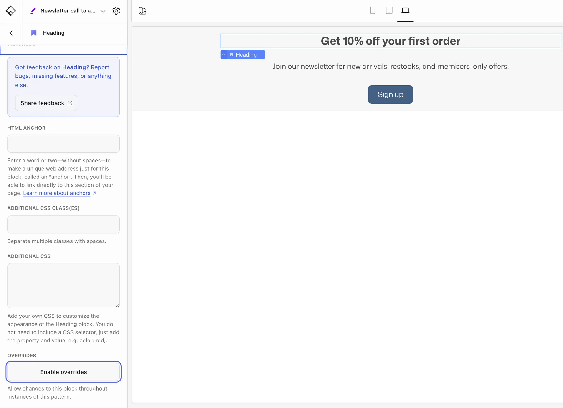 Editing the original synced pattern, with a heading selected and the Enable overrides button highlighted at the bottom of its Advanced panel