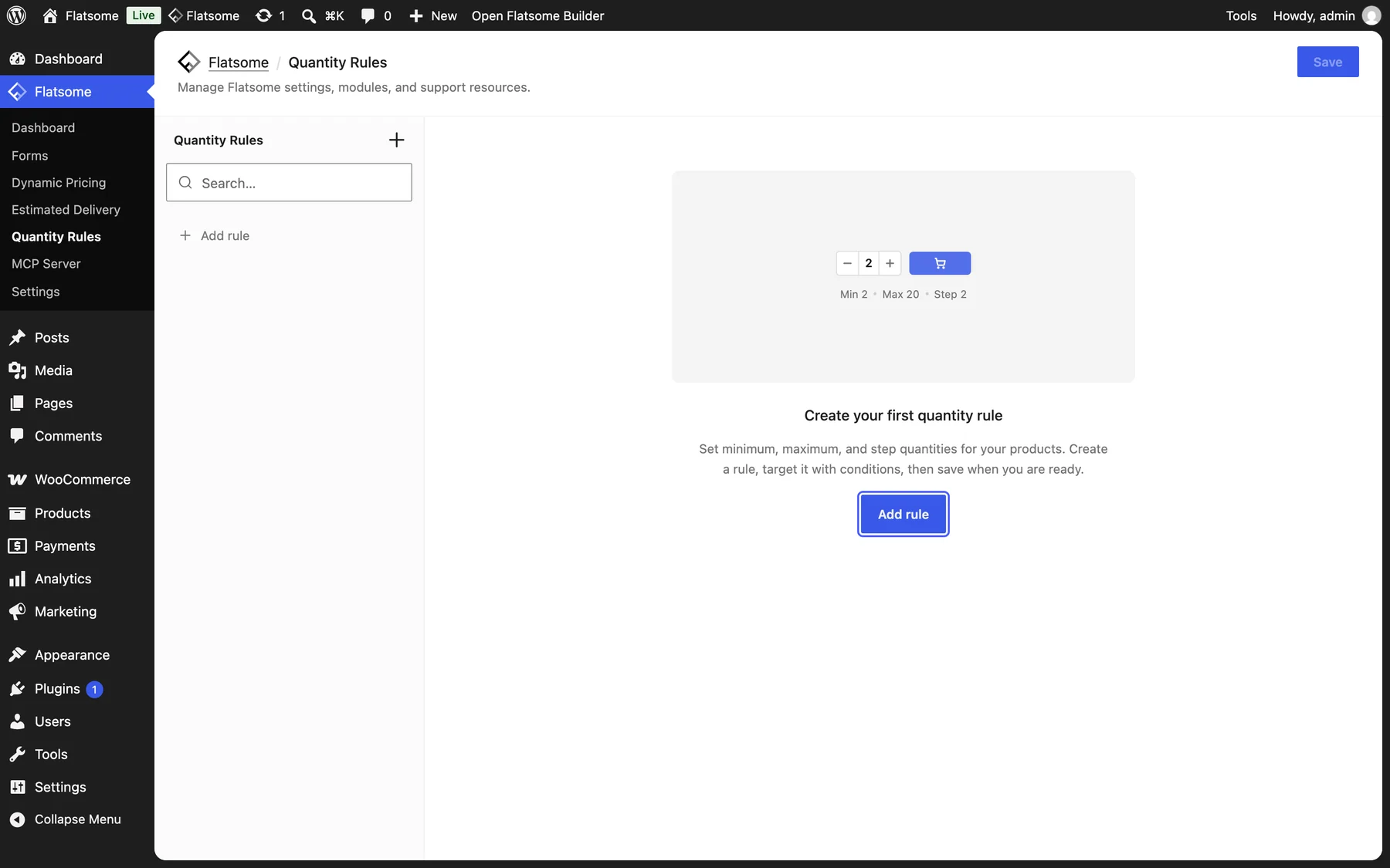 Empty Quantity Rules screen under the Flatsome menu with the Add rule button highlighted