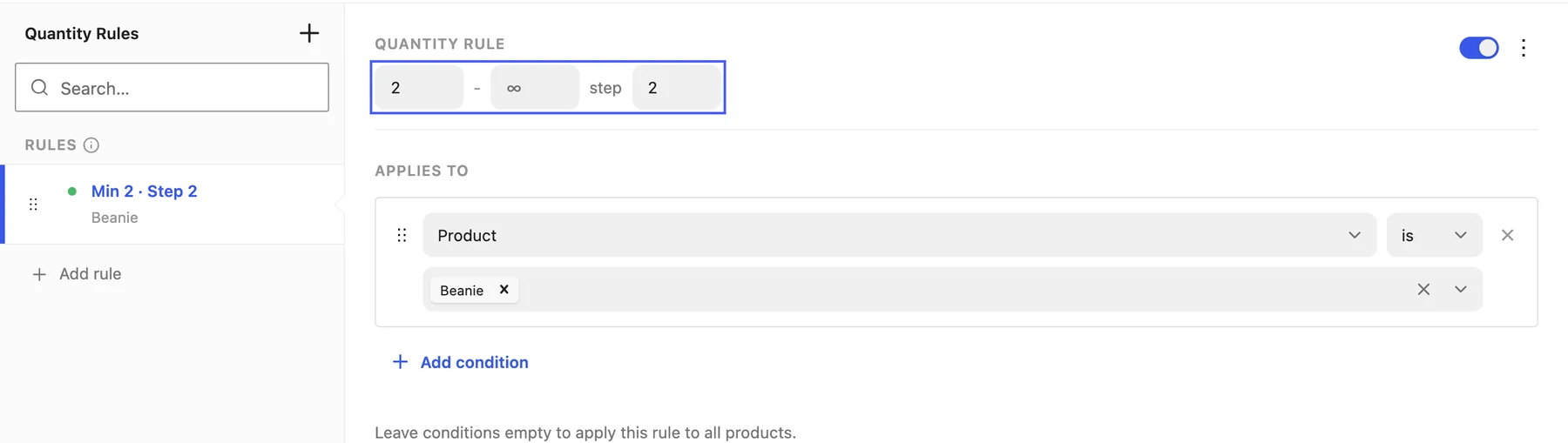Quantity rule editor with minimum 2, no maximum, and step 2 highlighted, applied to the product Beanie