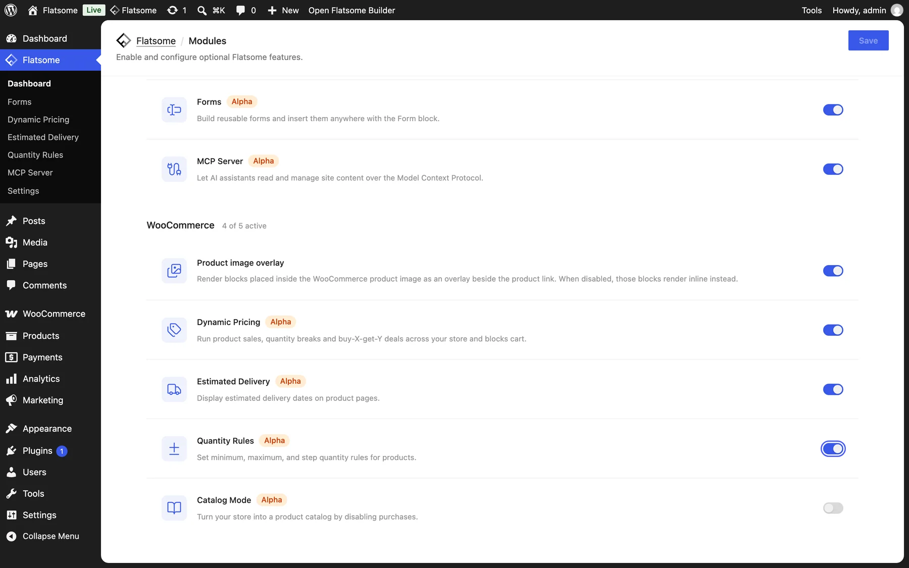 Flatsome Modules screen with the Quantity Rules switch in the WooCommerce group highlighted