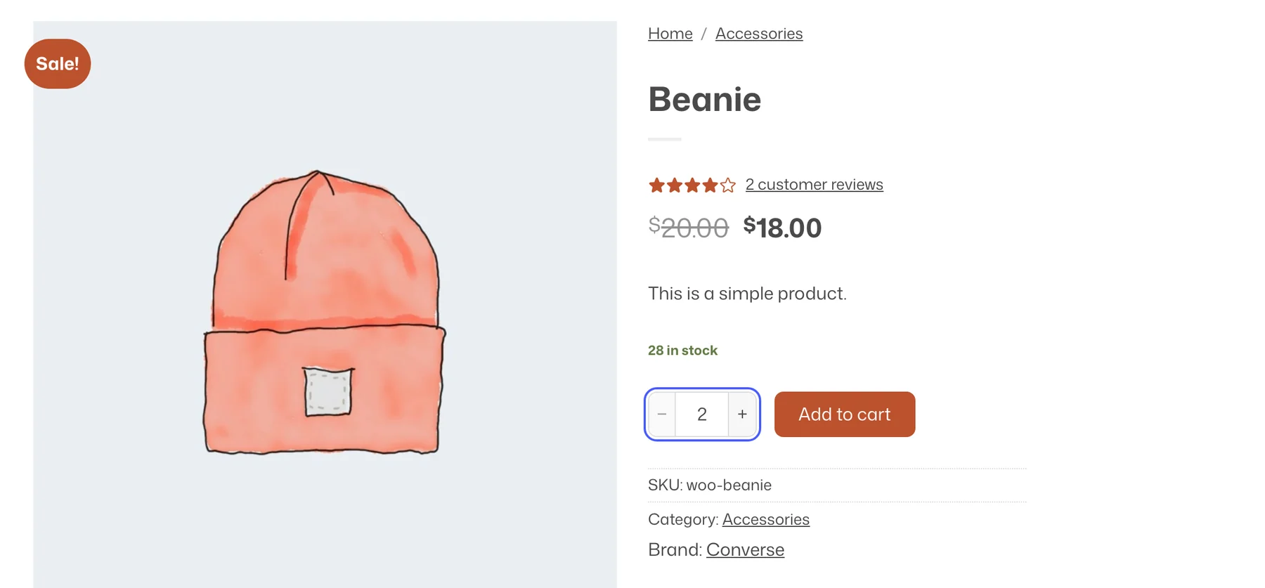 Beanie product page with the quantity field starting at 2 highlighted