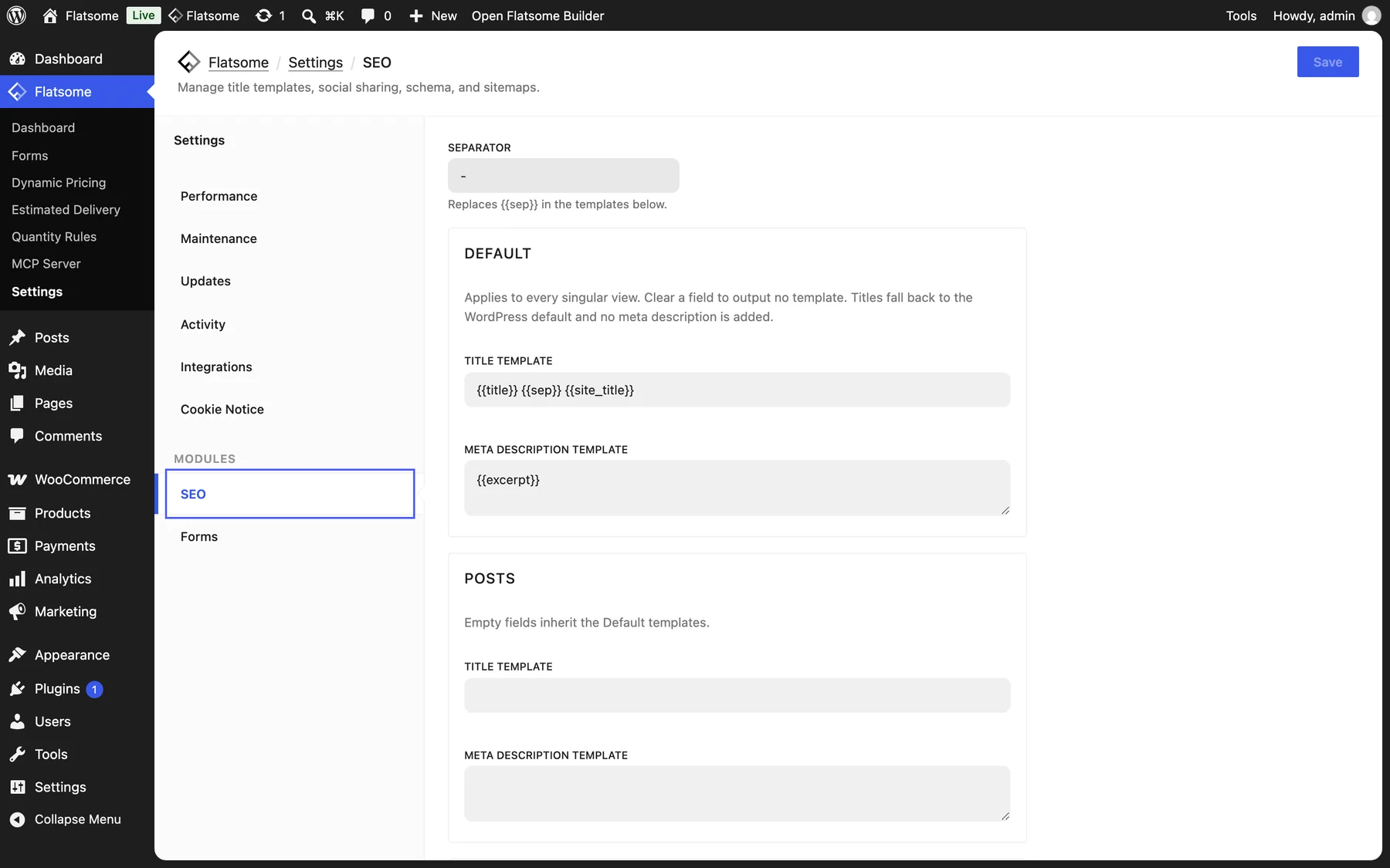 Flatsome SEO settings with SEO highlighted under Modules in the settings list, showing the Separator and the Default title and meta description templates