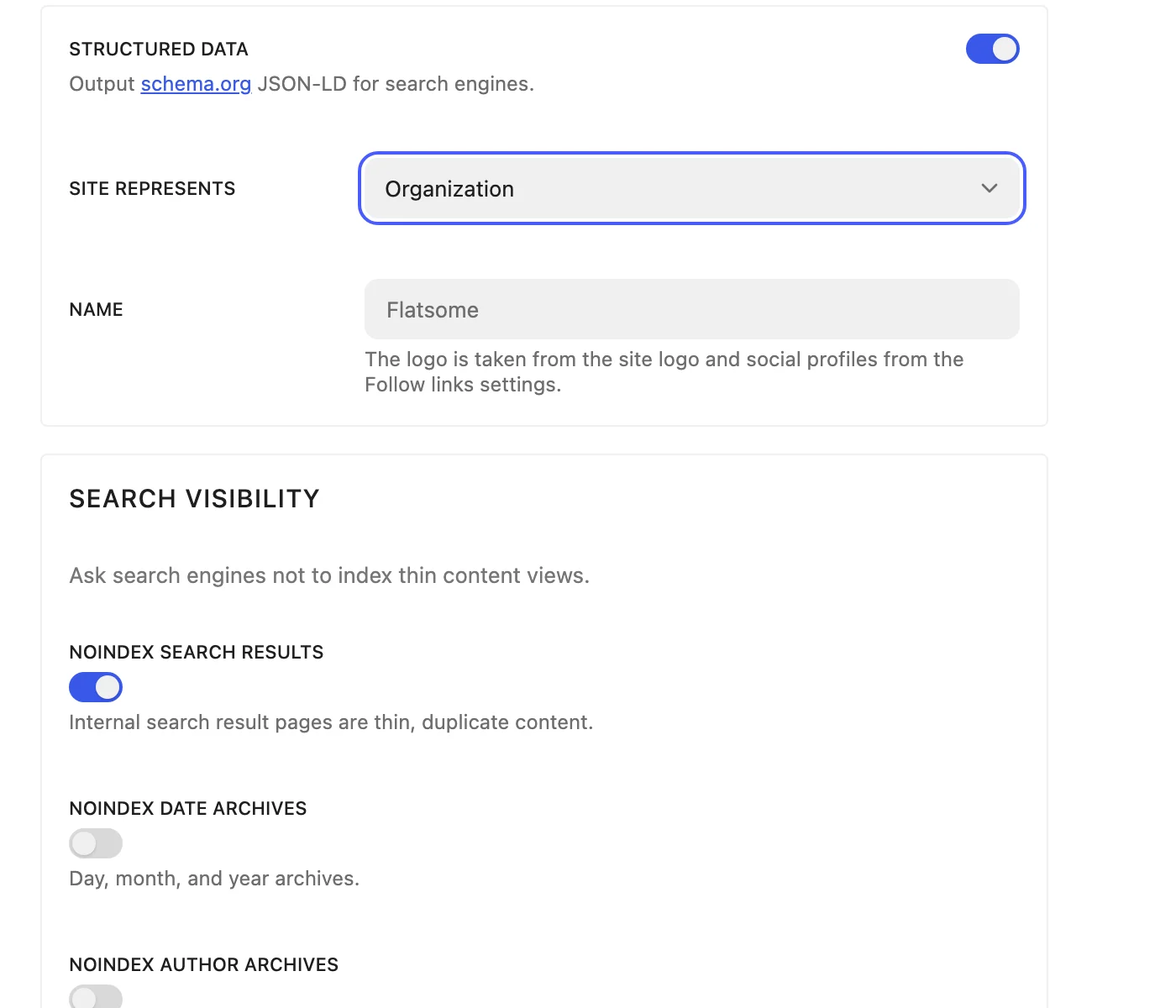 Structured data settings with the Site represents dropdown highlighted, followed by the Search visibility noindex switches