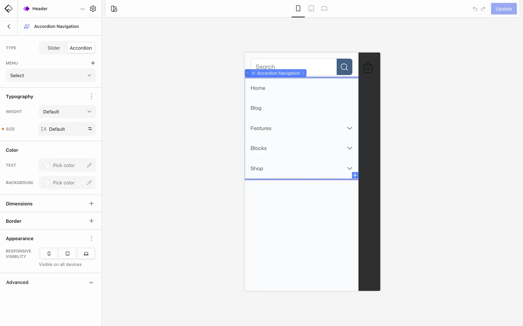 Header template part in the Flatsome Builder phone preview with the Off-Canvas Menu open and the Accordion Navigation block highlighted, listing Home, Blog, Features, Blocks, and Shop
