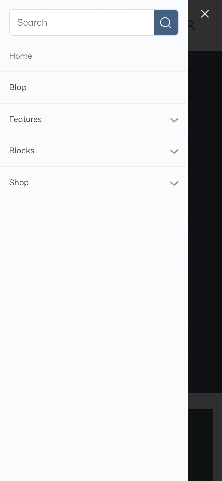 Store on a phone with the slide out menu open, showing a search field and the Home, Blog, Features, Blocks, and Shop menu items
