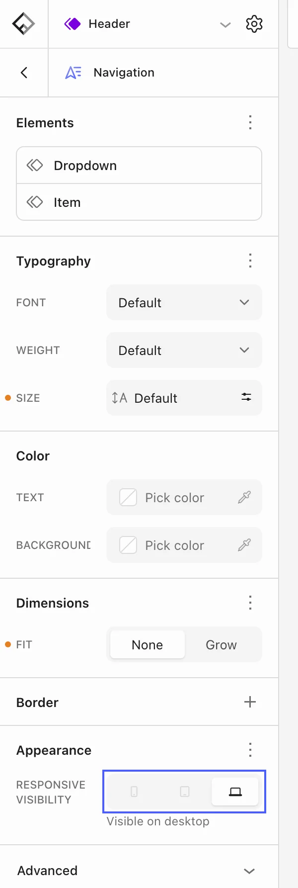 Navigation block settings with the Responsive visibility control highlighted, showing only the desktop size turned on