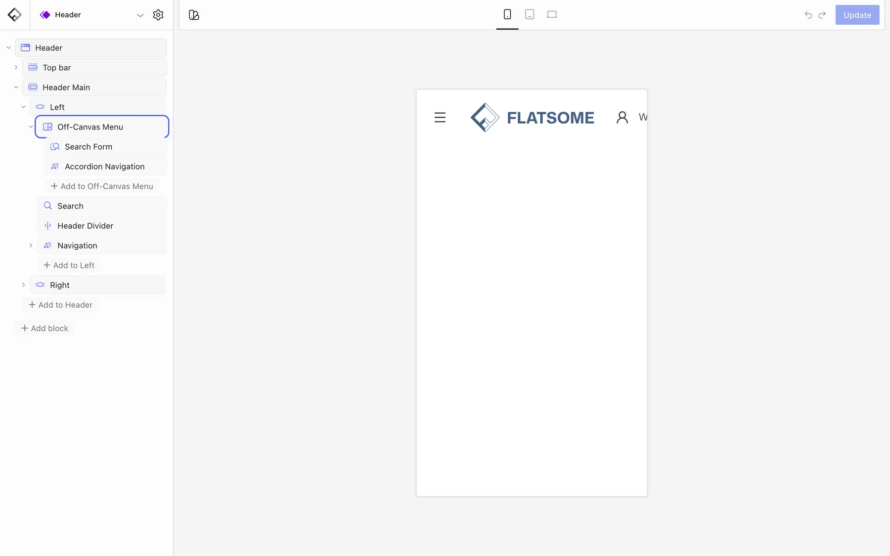 Header template part in the Flatsome Builder mobile preview, with the Off-Canvas Menu block highlighted in the block tree above its Search Form and Accordion Navigation blocks