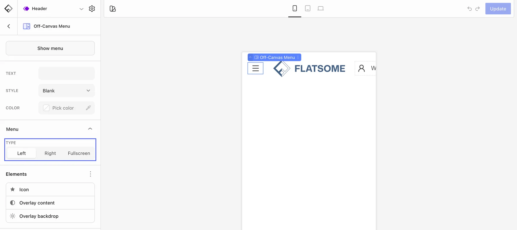 Off-Canvas Menu settings with the Type control highlighted and Left selected