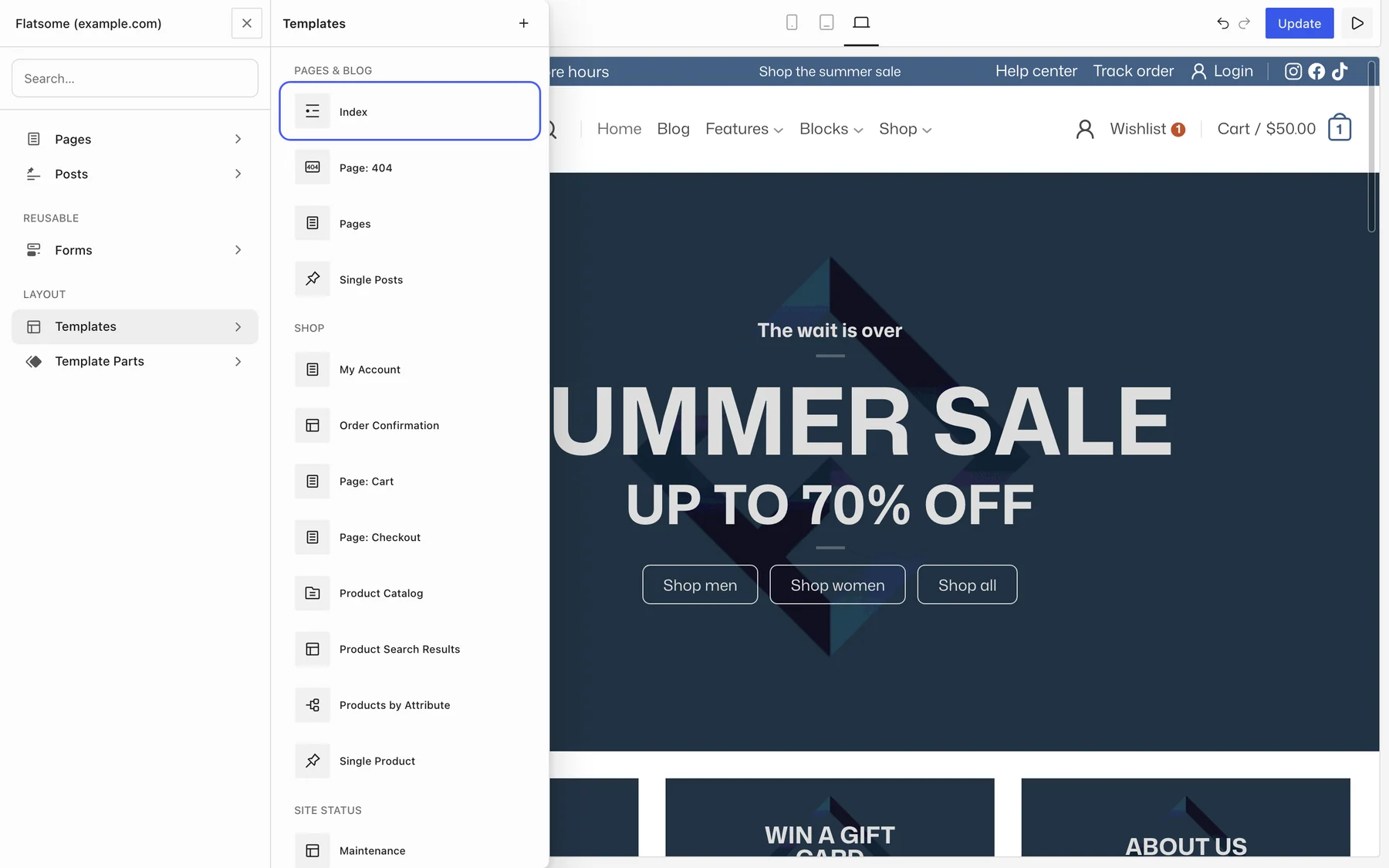 Flatsome Builder Templates panel with the Index template highlighted under Pages & Blog