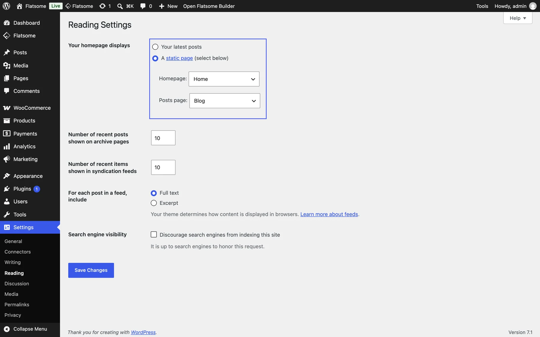 WordPress Reading Settings with the Your homepage displays options highlighted, set to a static page with Home as homepage and Blog as posts page