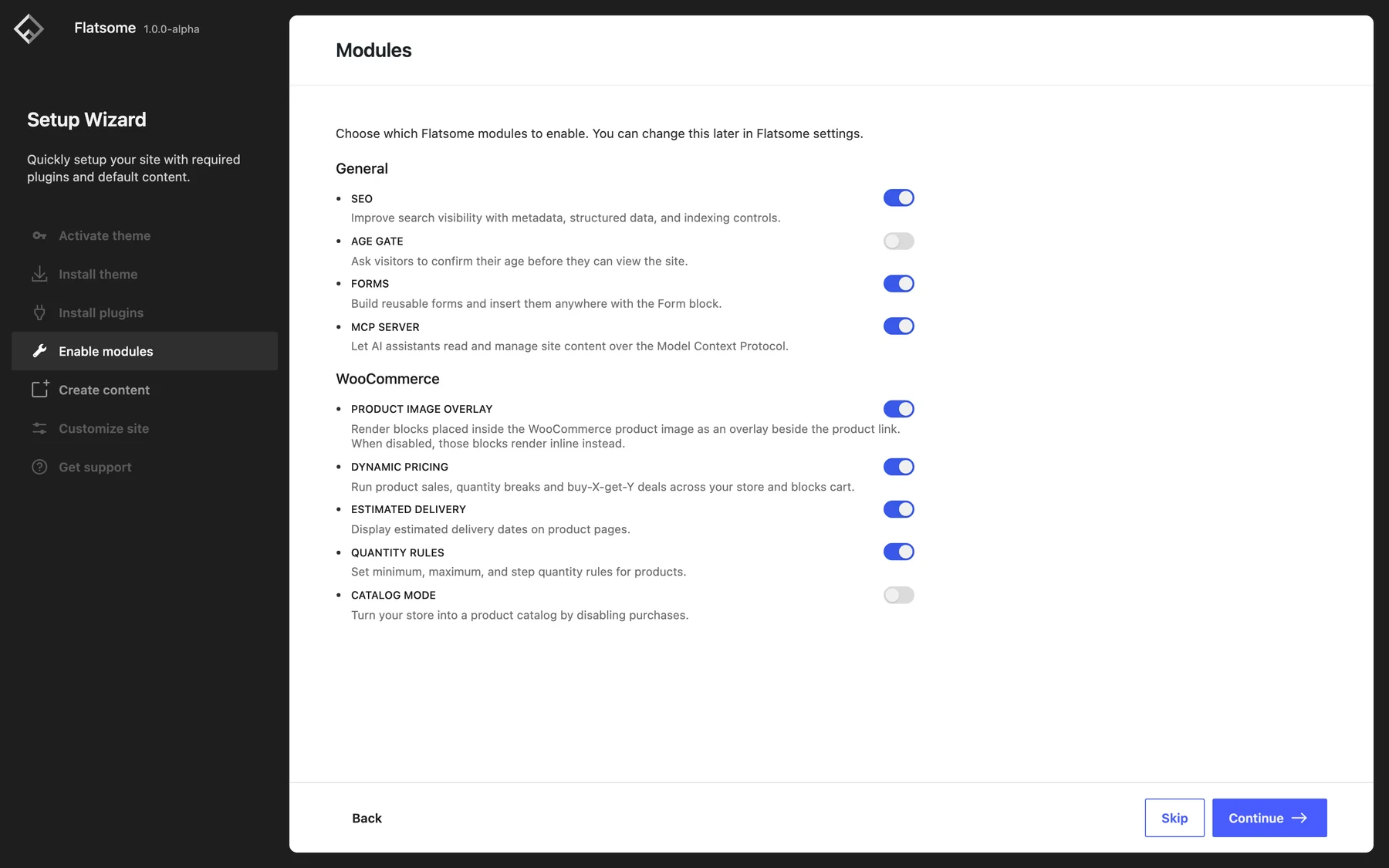 Setup wizard Modules step with switches for general and WooCommerce modules
