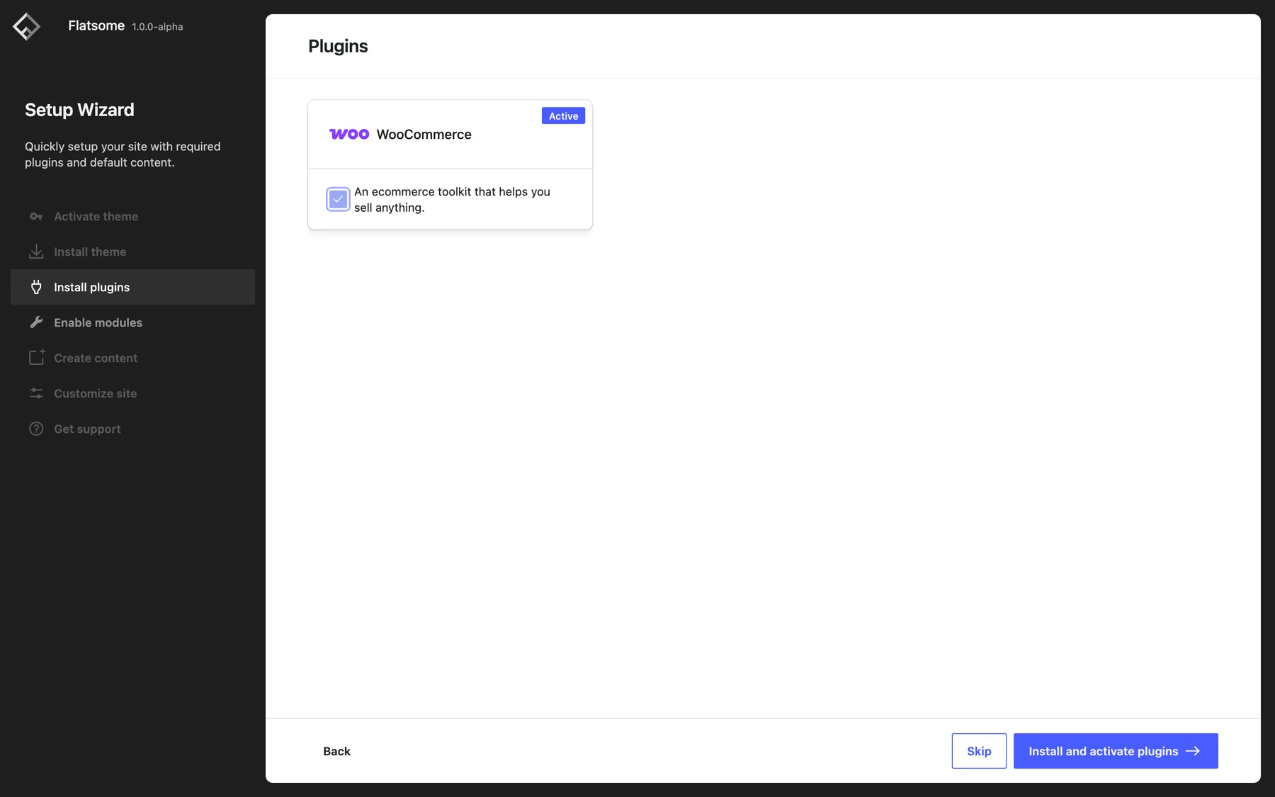 Setup wizard Plugins step with the WooCommerce checkbox highlighted