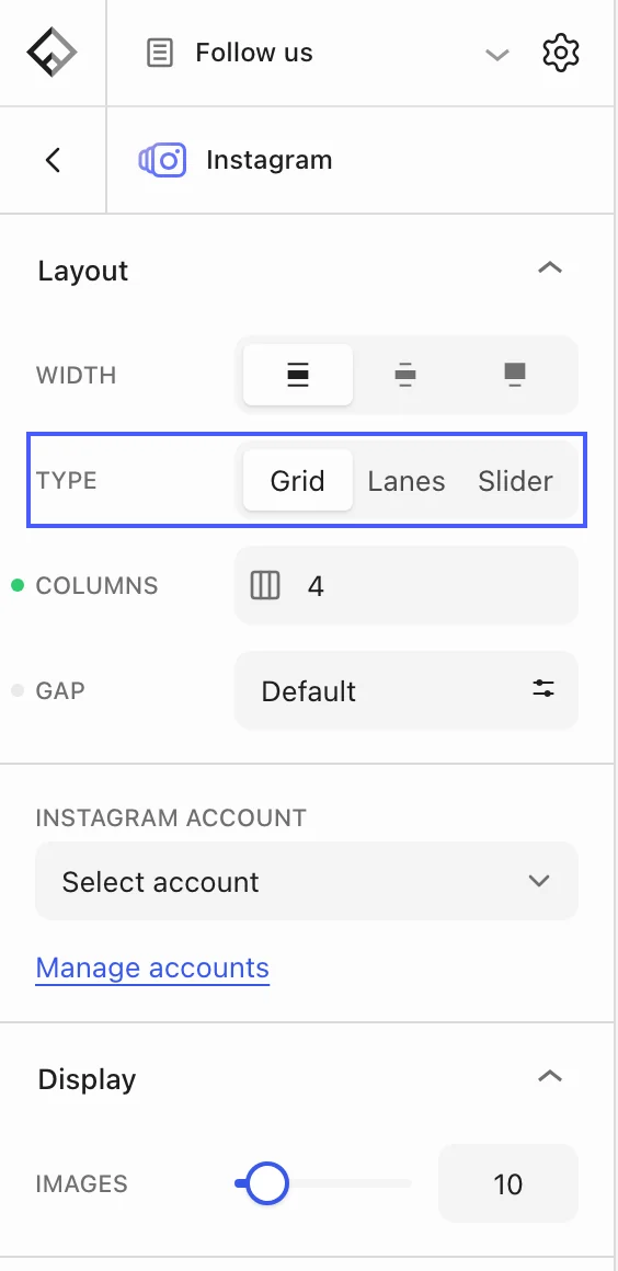 Instagram block settings with the Type control highlighted, showing Grid, Lanes, and Slider