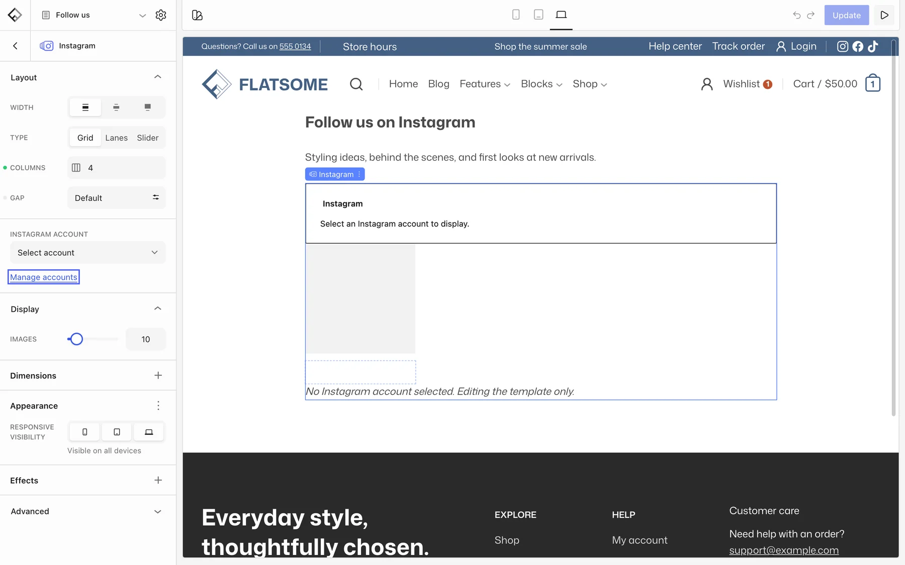 Instagram block selected in the Flatsome Builder with the Manage accounts link highlighted under Instagram Account
