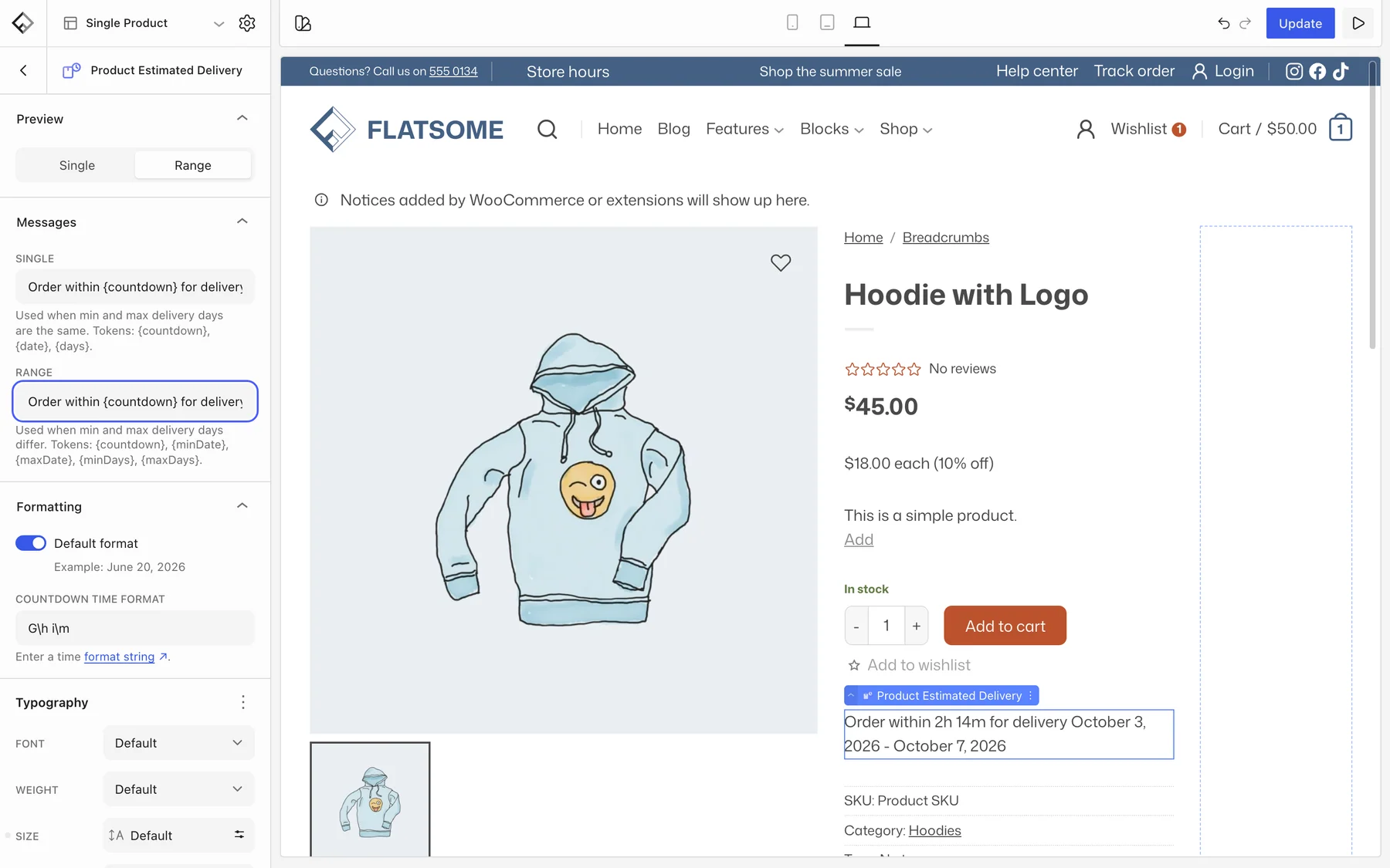 Flatsome Builder editing the Single Product template, with the Product Estimated Delivery block selected under the add to cart button and its Range message field highlighted in the sidebar