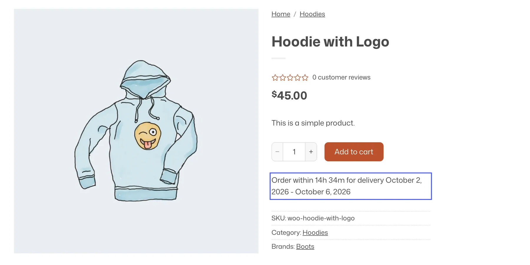 Hoodie with Logo product page with the message Order within 14h 34m for delivery October 2, 2026 to October 6, 2026 highlighted under the add to cart button