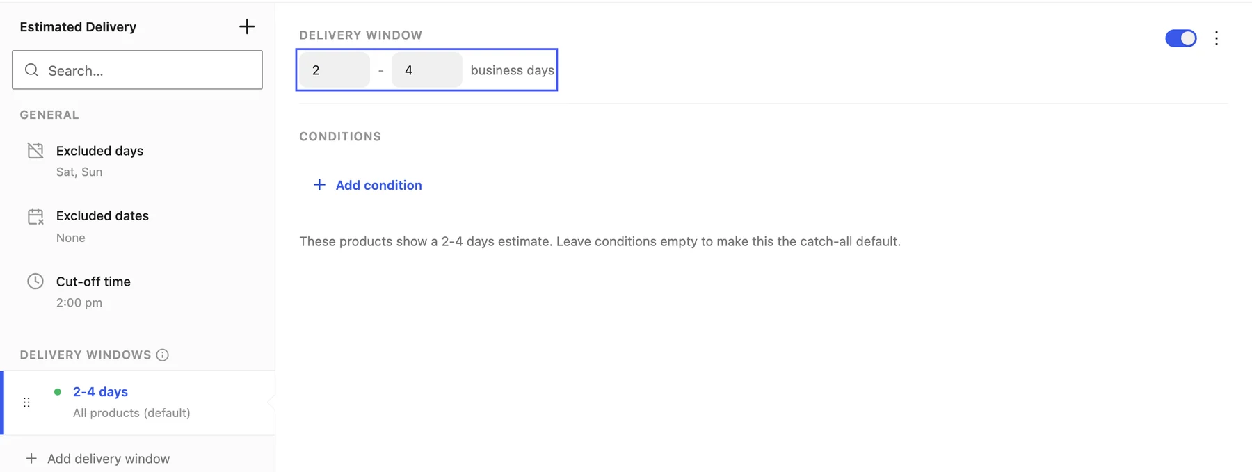 Delivery window editor with 2 to 4 business days highlighted and no conditions, listed in the sidebar as 2-4 days, All products (default)