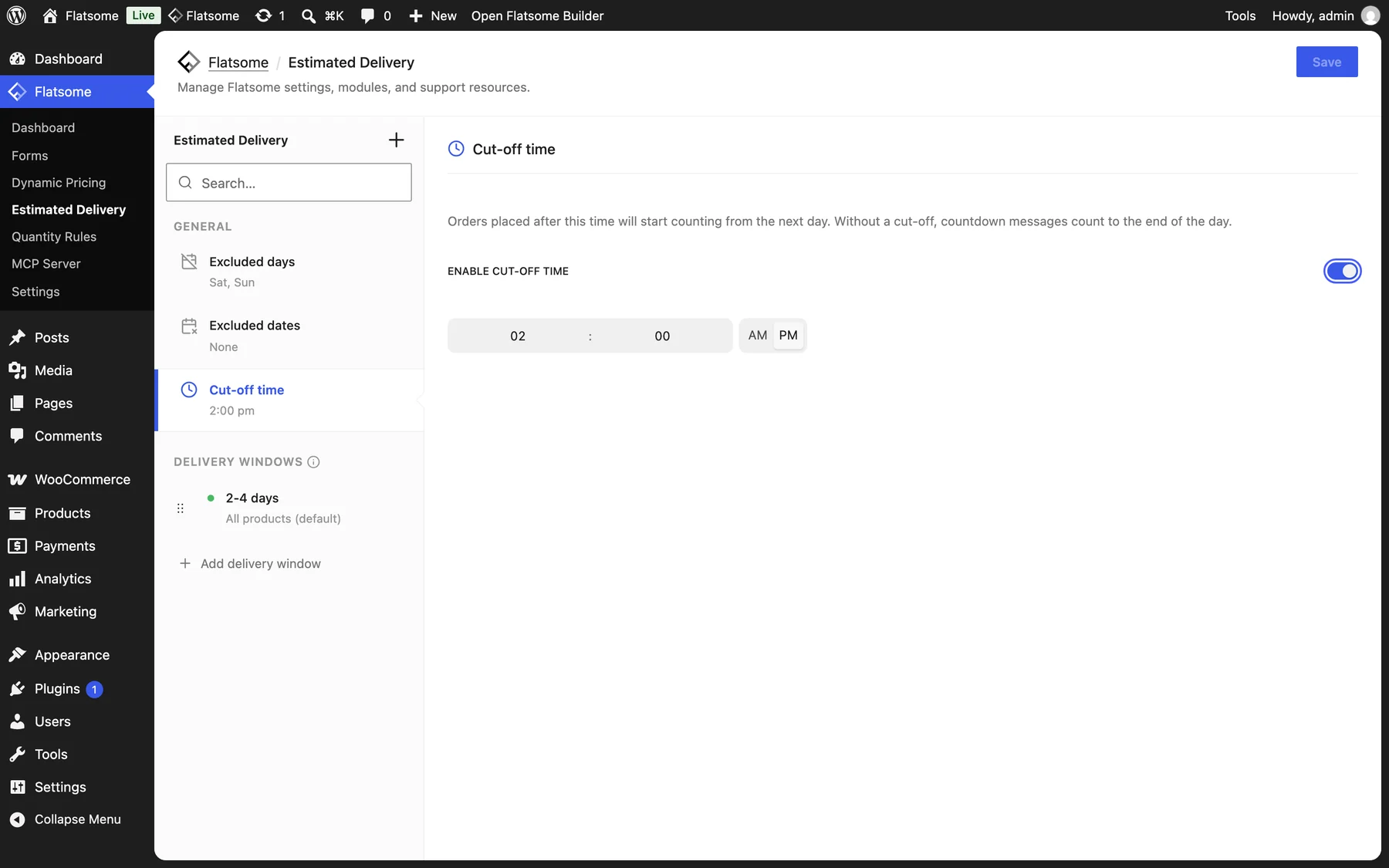 Estimated Delivery screen with Excluded days, Excluded dates, and Cut-off time in the sidebar, the Cut-off time panel open, and the Enable cut-off time switch highlighted above a time field set to 2:00 PM
