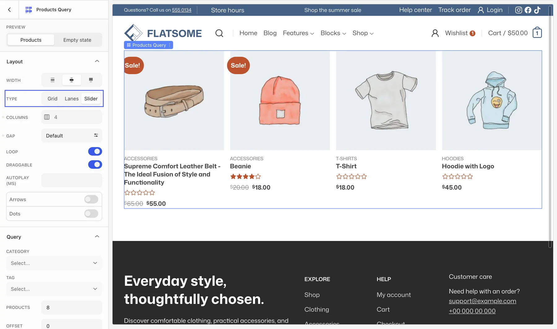 Products Query layout settings with Type set to Slider highlighted, showing Loop, Draggable, Autoplay (ms), Arrows, and Dots
