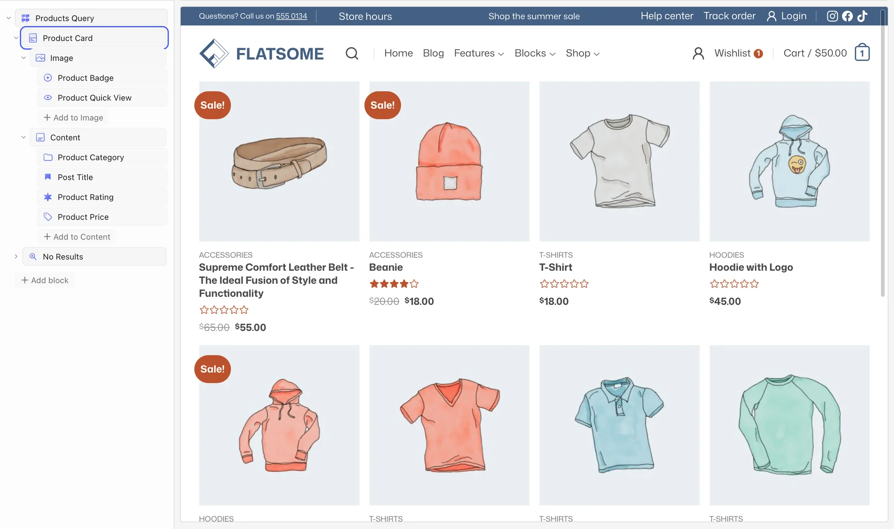Block tree of the Products Query with Product Card highlighted and expanded to its Image and Content blocks