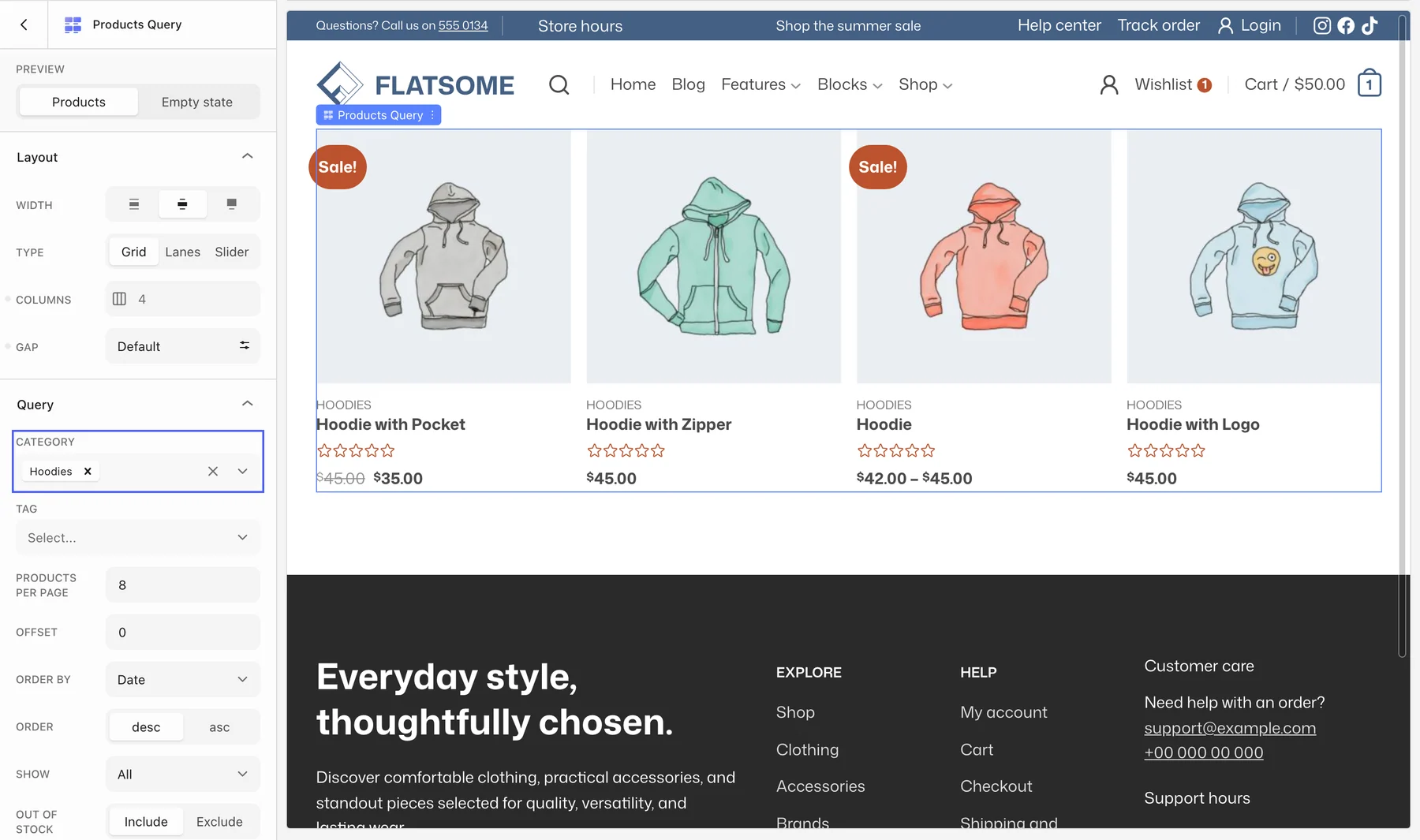 Products Query settings with Category set to Hoodies highlighted, and the canvas showing four hoodies