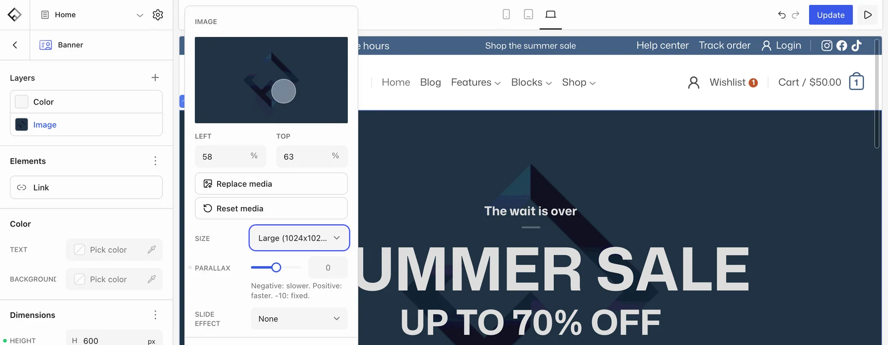 Banner block image options in the Flatsome Builder with the Size dropdown highlighted and set to Large