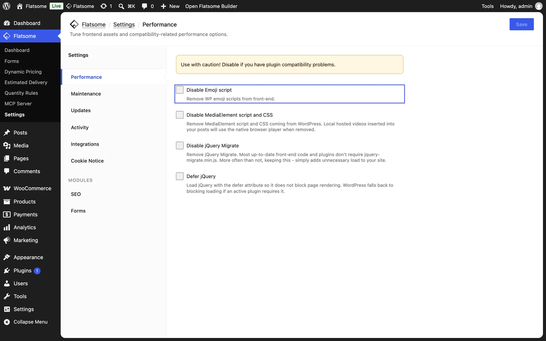 Flatsome Performance settings with the Disable Emoji script option highlighted, above Disable MediaElement script and CSS, Disable jQuery Migrate, and Defer jQuery