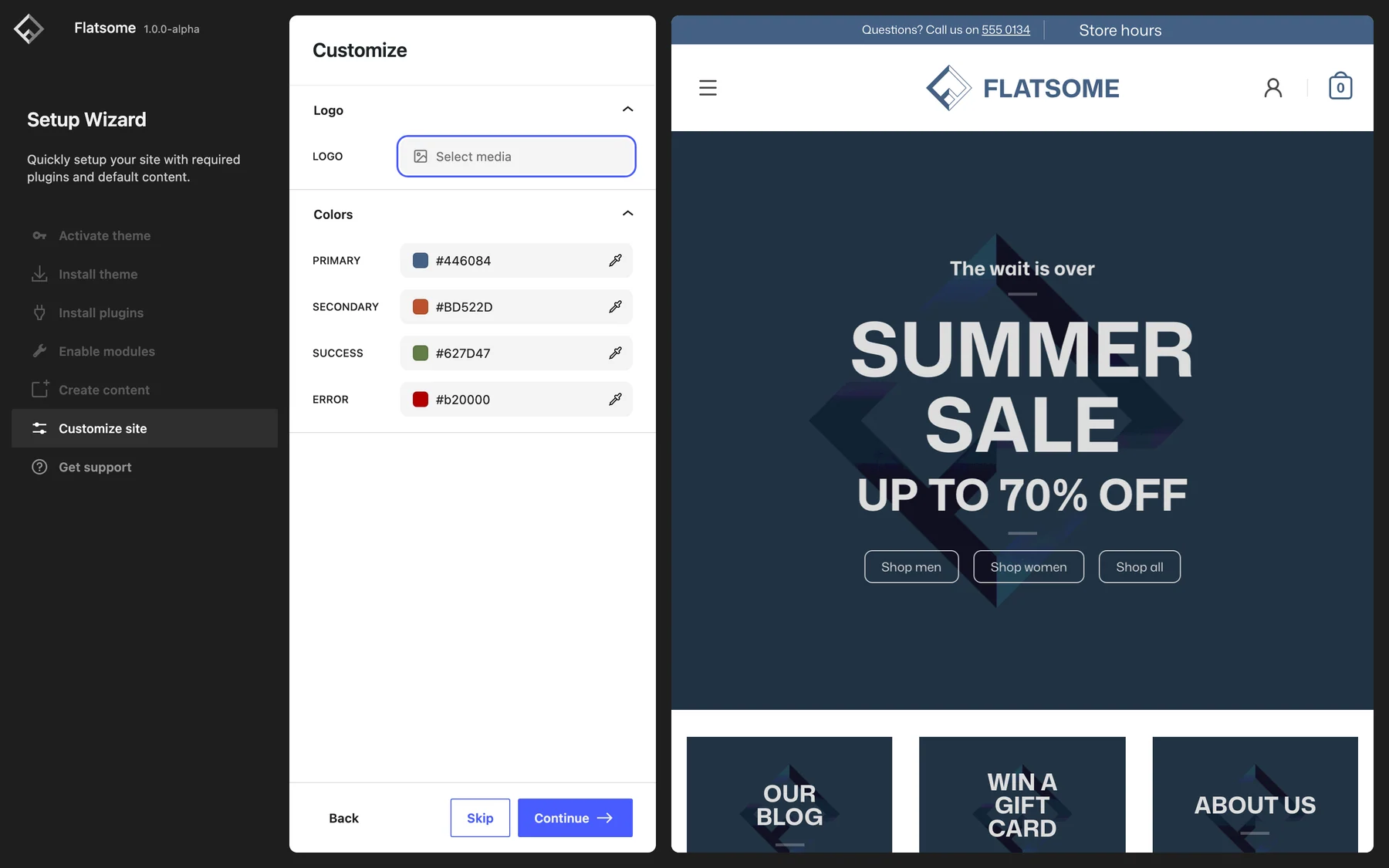 Setup wizard Customize step with the Logo field highlighted, four brand color fields, and a live preview of the site