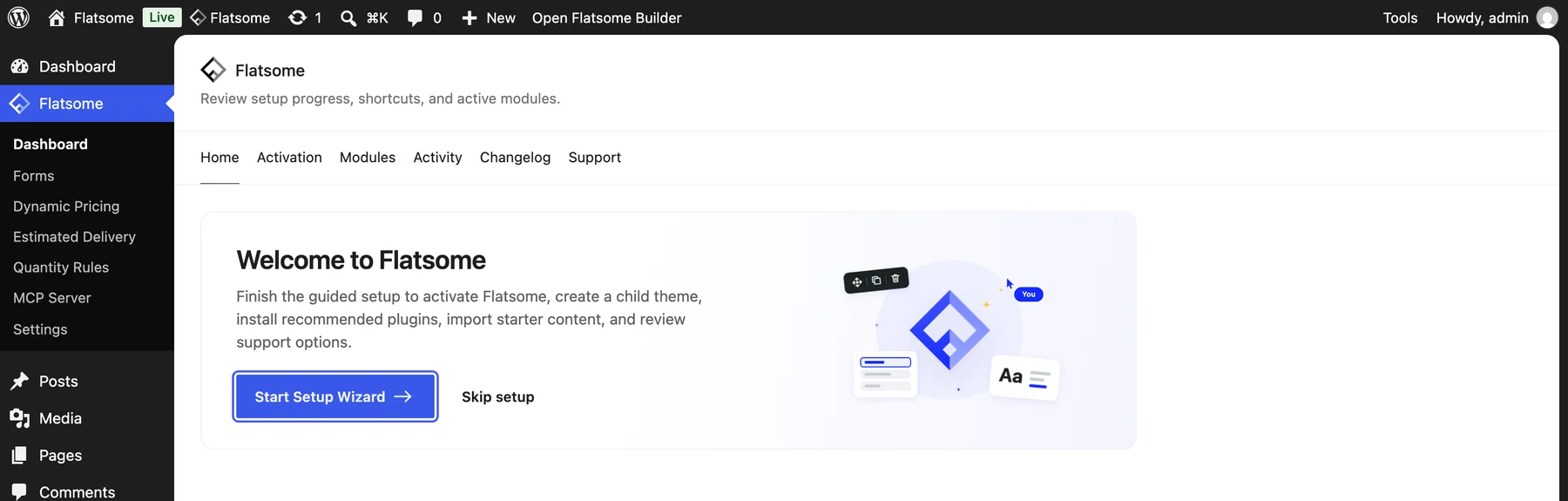 Flatsome dashboard welcome card with the Start Setup Wizard button highlighted