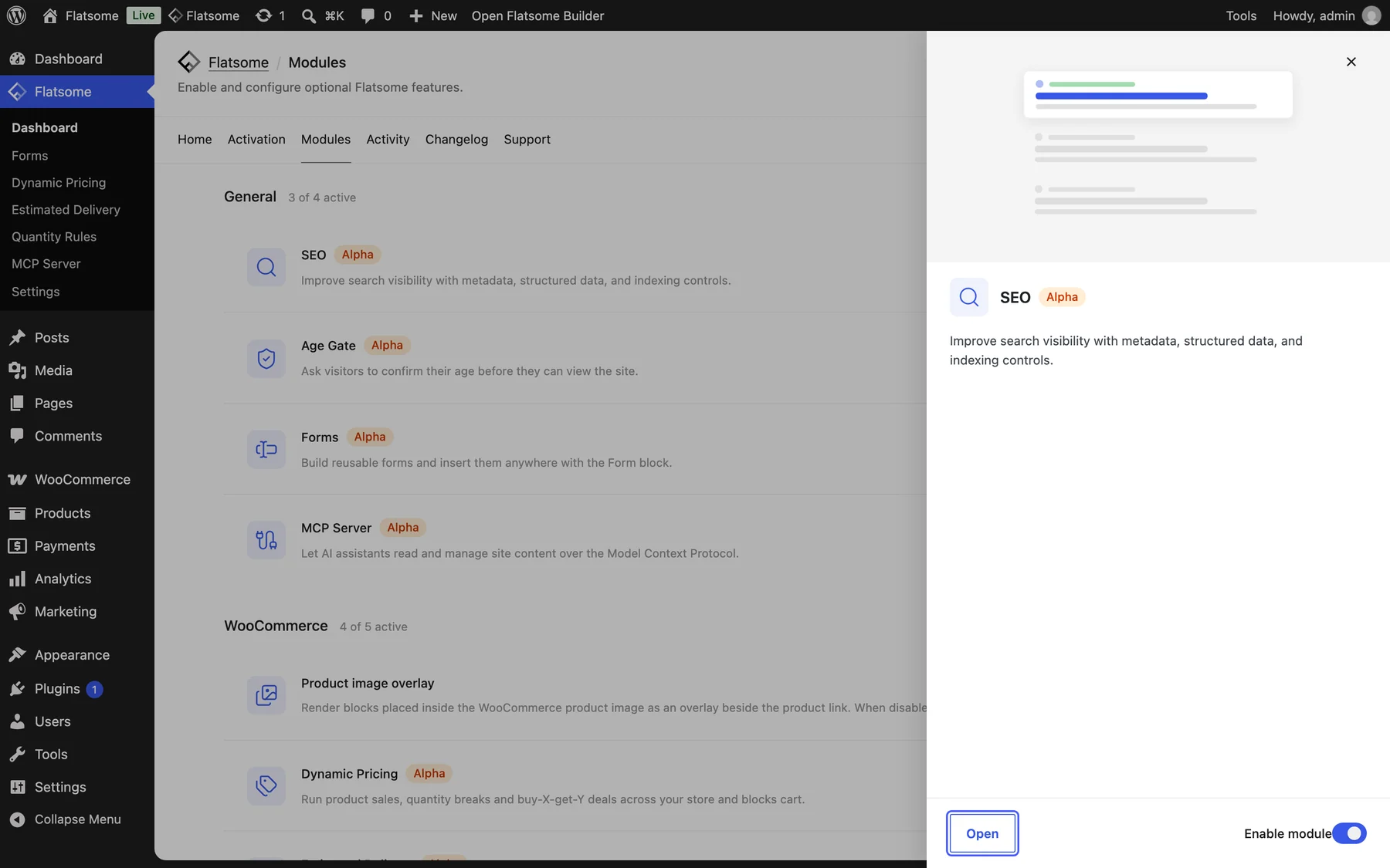 SEO module details panel open beside the Modules list, with the Open button highlighted