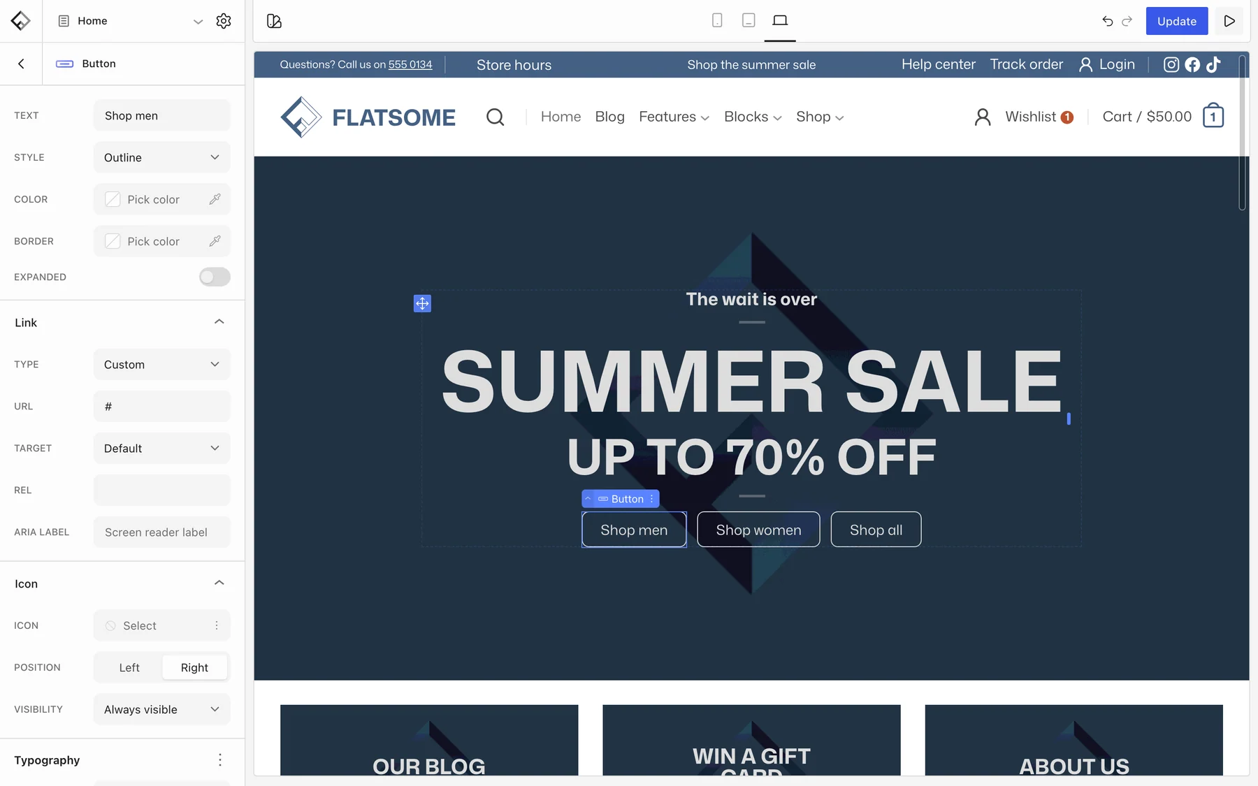 Flatsome Builder with a Shop men button selected on the homepage and its settings in the left sidebar