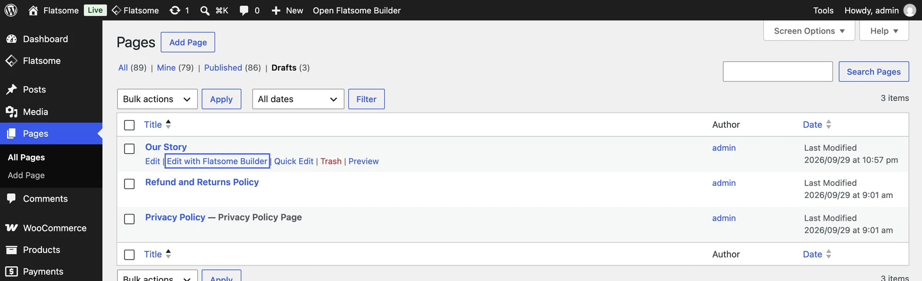 Pages list with the Edit with Flatsome Builder row action highlighted under a draft page