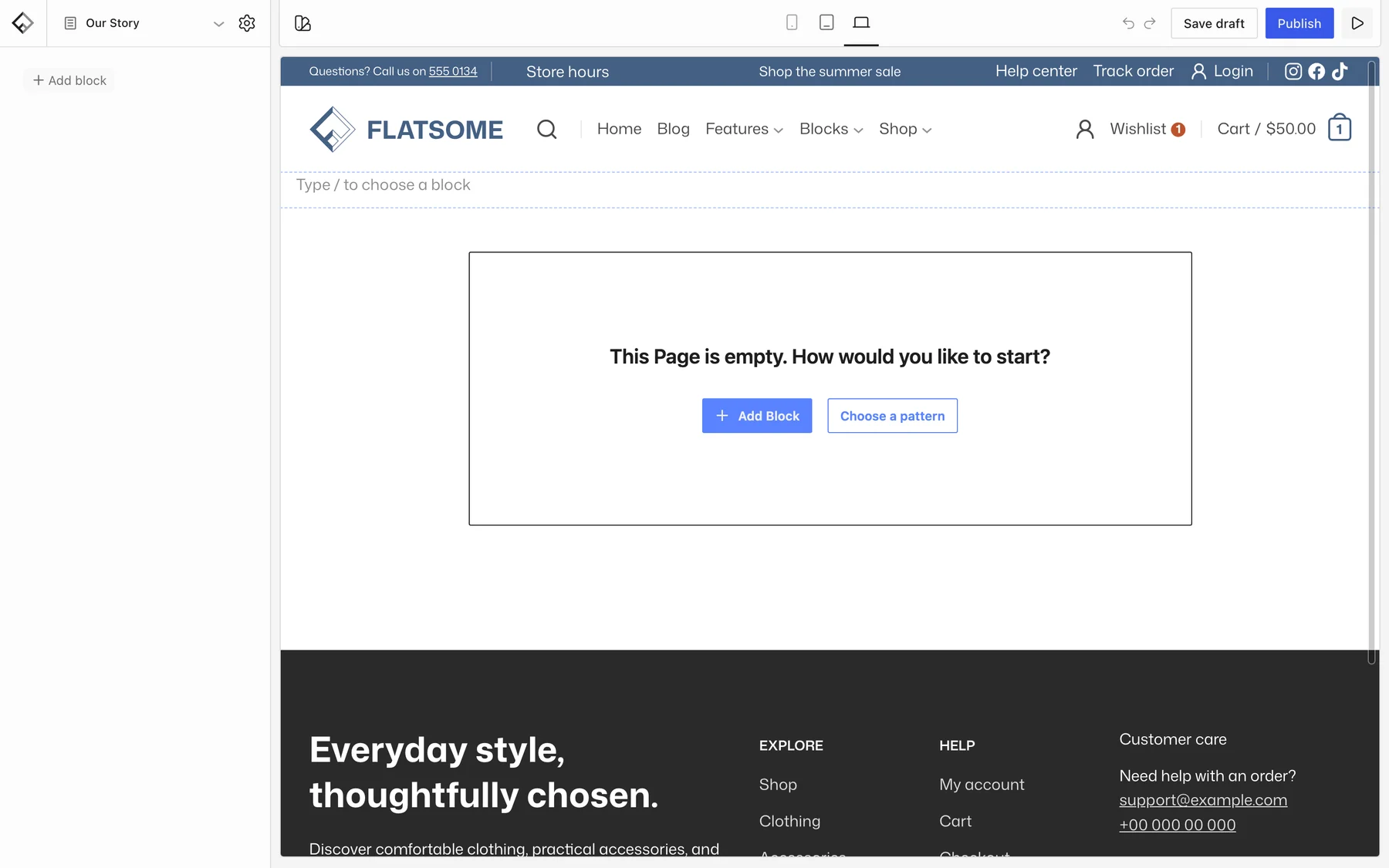 Flatsome Builder showing an empty page with Add Block and Choose a pattern buttons