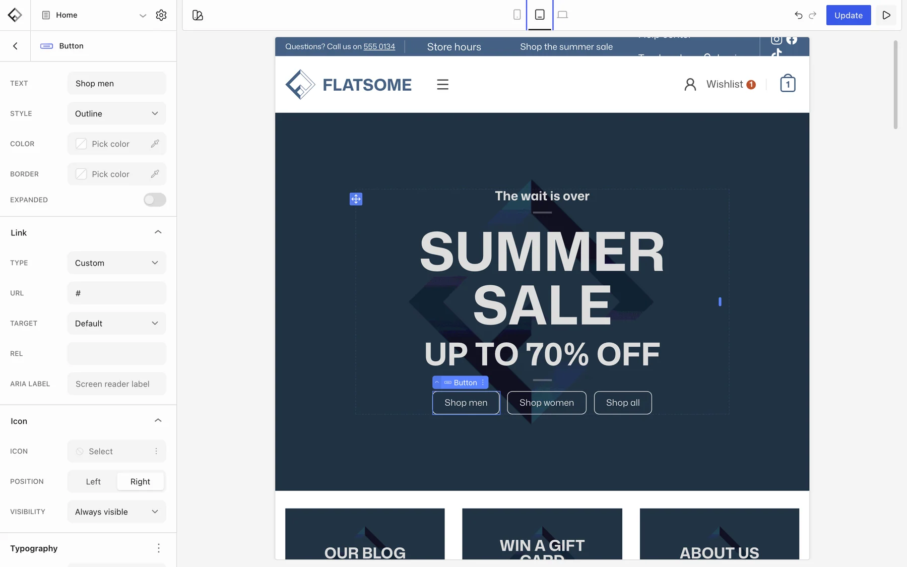 Flatsome Builder previewing the homepage at tablet width with the Tablet button highlighted in the top bar