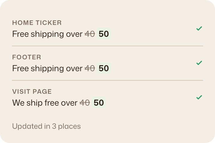 Free shipping over 40 changed to 50 in the home ticker, footer and visit page