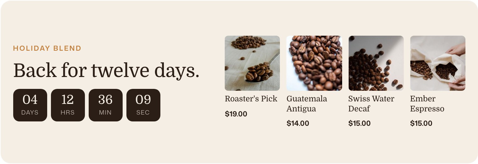 A holiday blend landing page with a countdown and four coffees