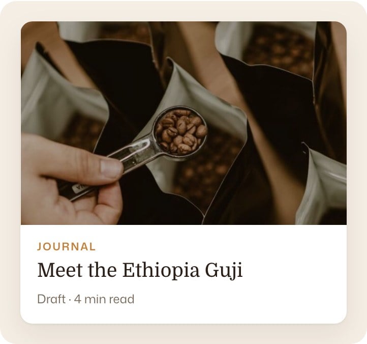 A draft journal post called Meet the Ethiopia Guji with a photo from the media library