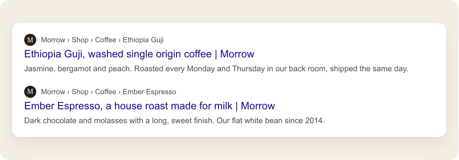 Two search results for Morrow coffees with new SEO titles and descriptions