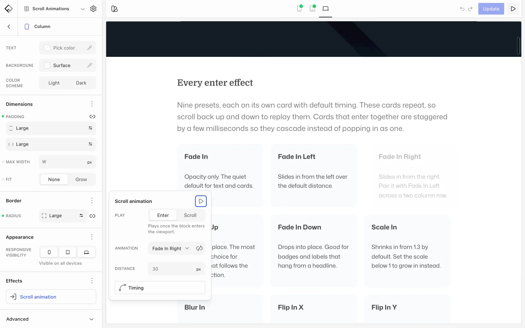The Builder previewing a Fade In Right animation, with the card fading in on the canvas and the Scroll animation settings open