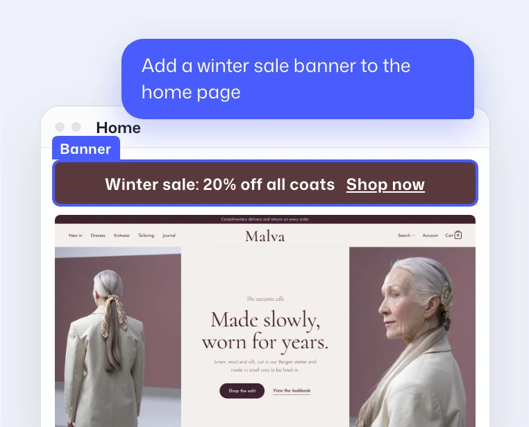 An AI request adds a winter sale banner to the Malva home page in the Builder