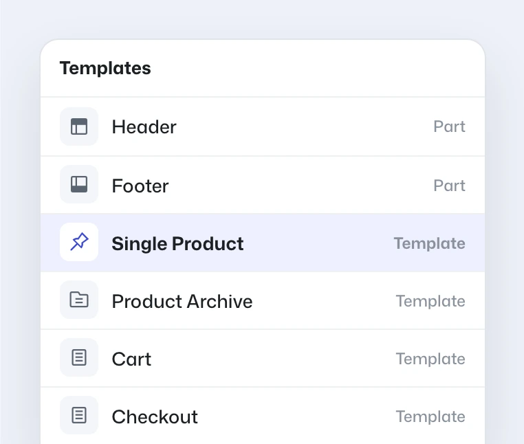 Header, footer, single product, product archive, cart and checkout templates in Site Builder