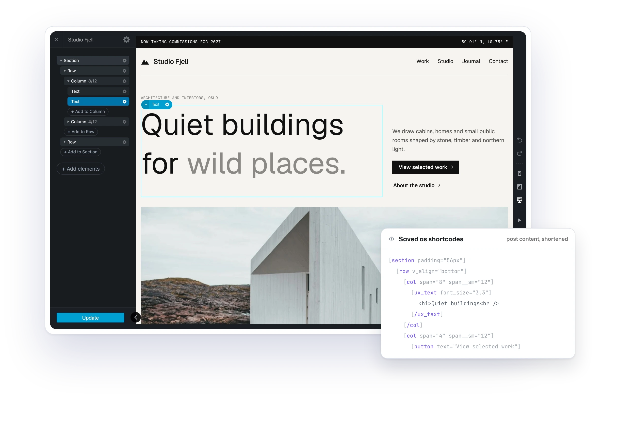 UX Builder in Flatsome Classic editing the same Studio Fjell hero, with the page saved as Flatsome shortcodes